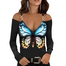 

Fashion Women Sexy V-Neck Cold Shoulder T-Shirt Butterfly Print Long Sleeve Chain Strap Pullover Slim Fit Y2K Female Streetwear