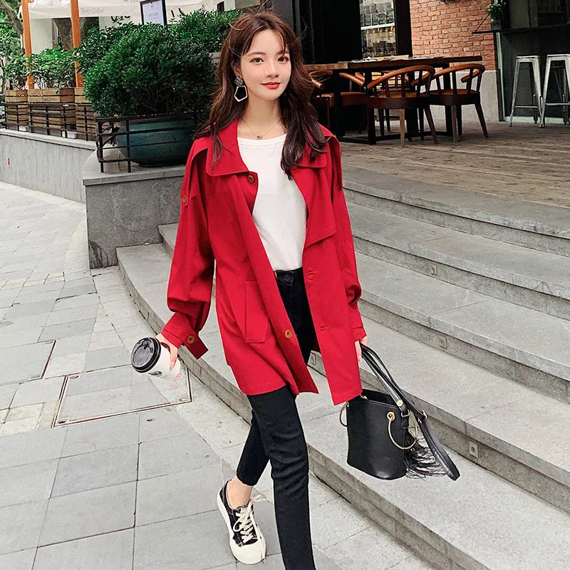 

Photo Shoot 2020 Spring Short-height Young Wind WOMEN'S Dress Korean-style Bright Red Trench Coat Sweet Elegant Slimming Coat Fa