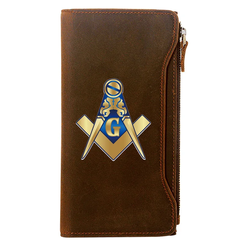 

Classic Freemasonry Symbols Genuine Leather Wallet Men Long Purse With Phone Bag Zipper Card Holder High Quality Clutch