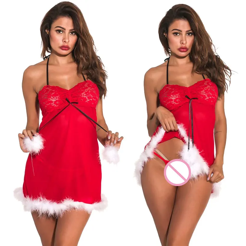 

Women's sexy Lingerie mesh Christmas costume Christmas costume perspective pajamas Christmas elements fun pajamas + thongs