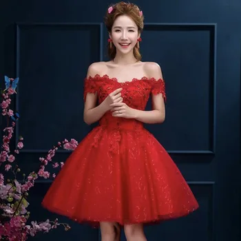 

2020 Bridesmaid Dress Europe and America Short Lace High Waist Word Shoulder Wedding Dress Bride Party Dress Can Be Customized