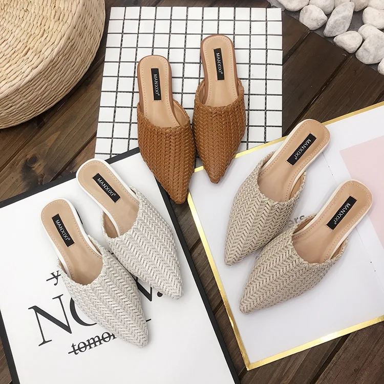

Shoes Without Heel Pointed Toe Shallow Loafers Mules Women Slippers Summer Flat Cover 2019 Fretwork Basic PU Fabric Mules