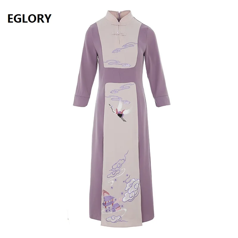 

Top Quality Brand Chinese Style Dress 2021 Spring Vintage Party Woman Lurex Embroidery 3/4 Sleeve Mid-Calf Length Dress 50s 60s