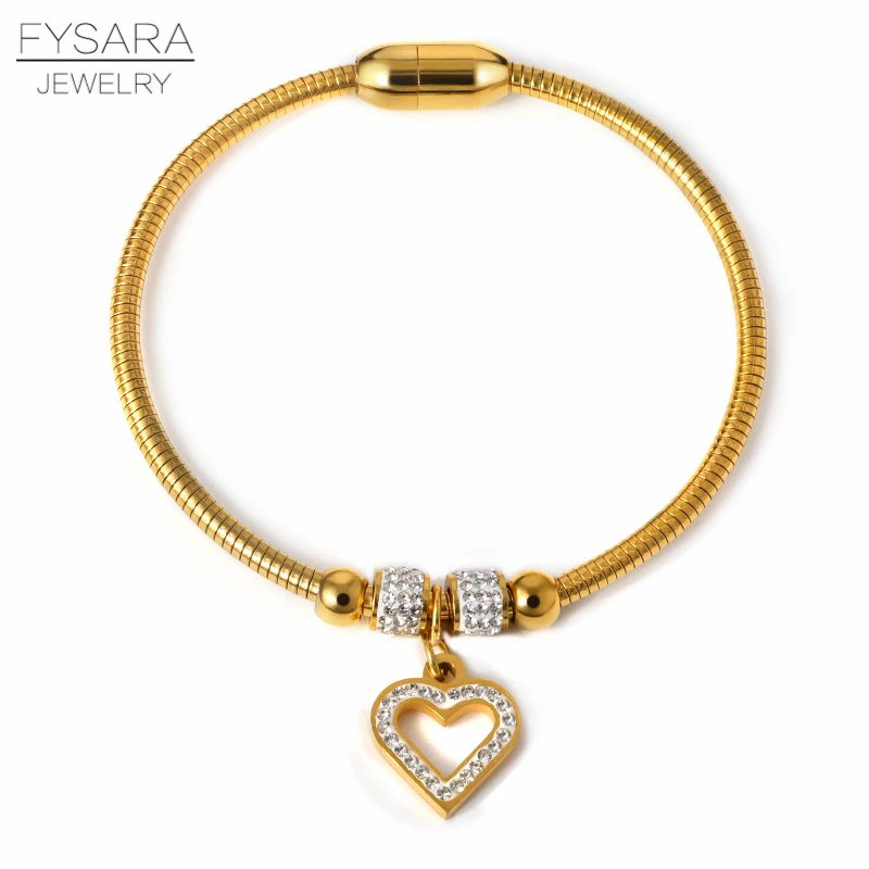 FYSARA винтажные шармы браслеты с сердечками для женщин хрустальные Pulseras змея из нержавеющей стали цепная проволока браслеты и браслеты DIY на заказ - Окраска металла: Gold color style4