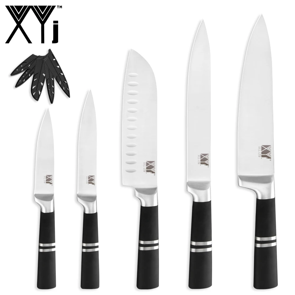 C.5pcs set XYj 7 шт. набор ножей из нержавеющей стали 8 ''подставка для ножей Нескользящая черная ручка нож шеф-повара кухонный инструмент приспособление для дома Полный нож Тан - Цвет: C.5pcs set