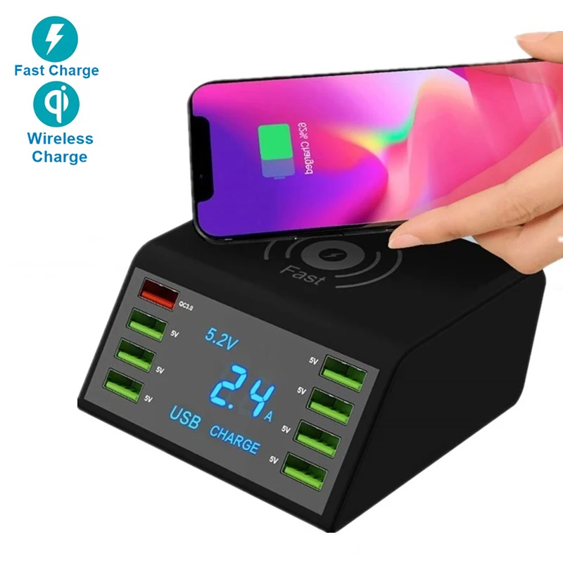 

Multi 8 Port Qi Wireless USB Charger 60W LED Display Quick Charge 3.0 Fast Charging Station For iPhone Samsung Huawei Mi Adapter