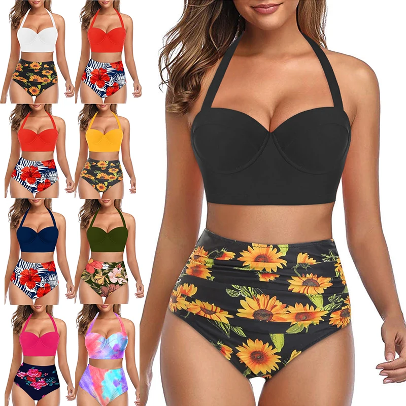 Moda impressão dot conjunto de biquíni feminino maiô de duas peças plus size praia wear sexy sem costas biquíni apertado natação