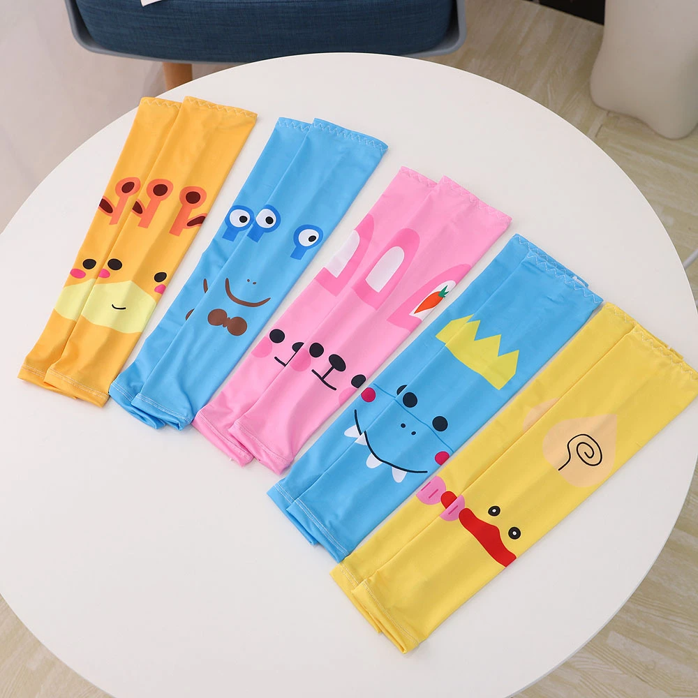 Ice Silk Arm Sleeves For Children Anti UV Summer Sleeve Cartoon Boys Girls Sunscreen Gloves Cycling Protective Cover Sleeves Silicone Anti-lost Chain Strap Adjustable 