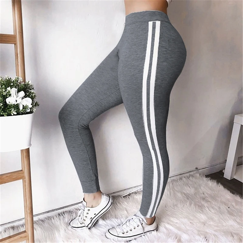 

Plus Size Spandex Leggings for Women Sport Running Fitness 2020 New Striped Black Gray Leggins Mujer Gym Girl Outwear Legging