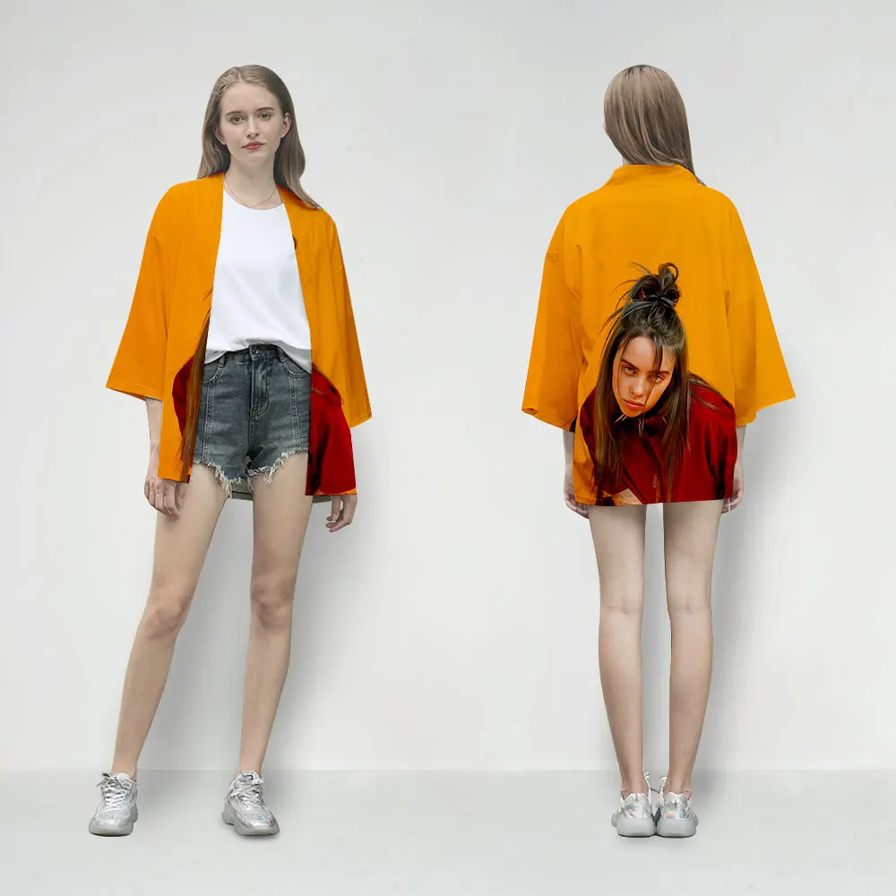 Billie Eilish популярное 3D мужское и женское кимоно модное японское стильное летнее желтое кимоно футболка кардиган Повседневный Топ