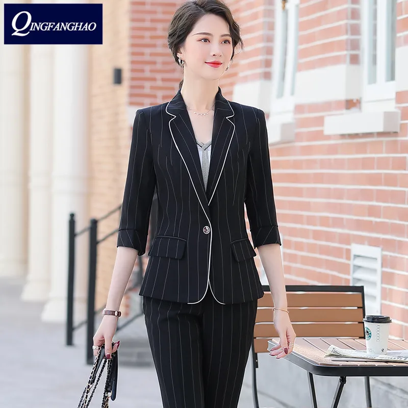 2020 spring and summer new fashion striped small suit women's seven sleeves thin thin casual jacket