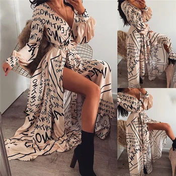 

Autumn Long Maxi Dress Female Casual Loose Beach Dress Ankle-Length Empire V-Neck Long Split Dresses Vestidos Women Boho Dress