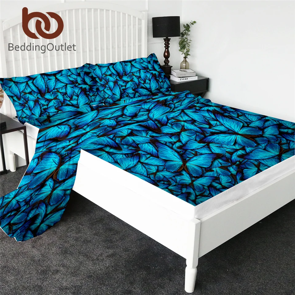 

BeddingOutlet Butterfly Fitted Sheet King Size Blue Bed Sheet Set Beautiful Flat Sheet 3D Printed Bedding 4-Piece Mattress Cover