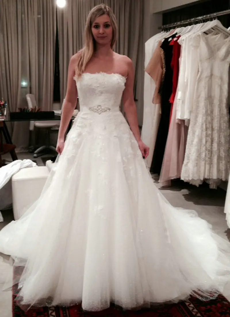 

Strapless Crystal Appliques for Wedding Dresses Women A-line Wedding Gowns Ivory With Ribbon vestido de noiva 2015