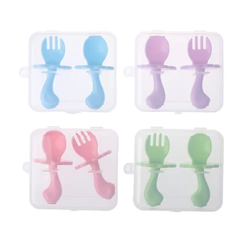 

2Pcs/Pack Short Handle Baby Training Spoon PP kids Tableware Candy Color Spoon+ Fork Set