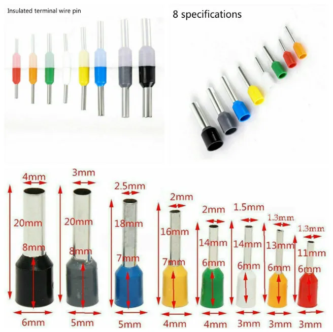 

400PCS Wire Copper Crimp Connector Insulated Cord Pin End Terminal Kit E0506 E0508 E7508 E1008 E1510 E2512 E4012 E6012