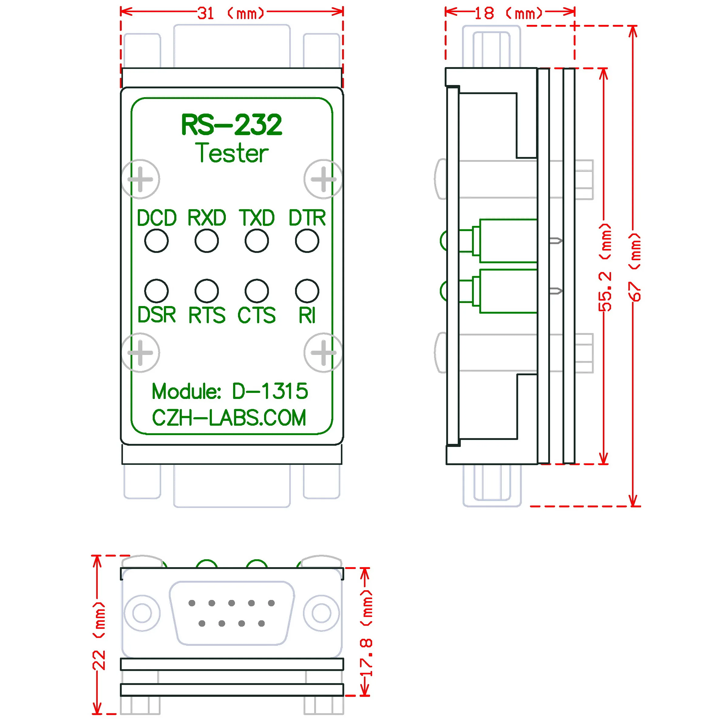 CZH-LABS RS232 светодиодный модуль тестер, DB9 штекер к DB9 гнездовой