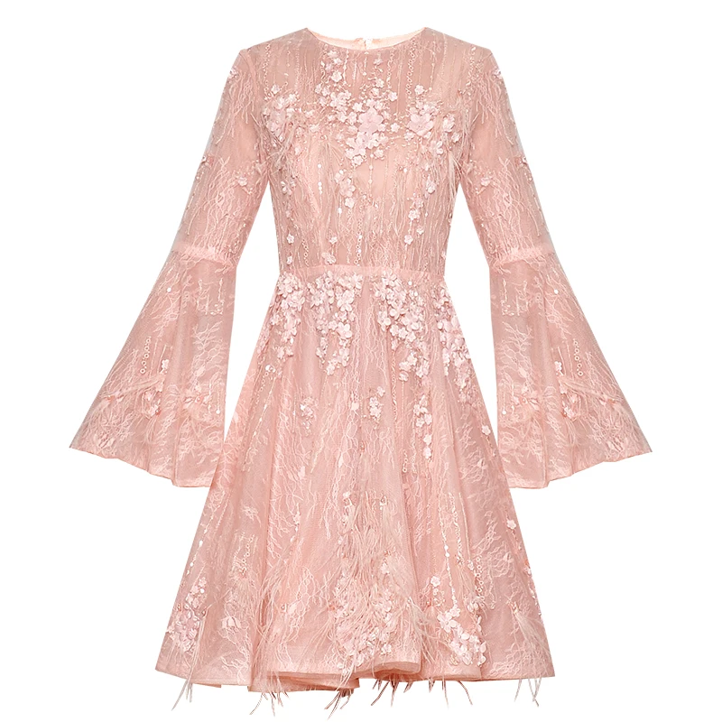

GoodliShowsi Autumn Women Pink Dress Mesh Appliques Embroidery O-Neck Long Flare Sleeve Sweet Princess Feathers Dresses