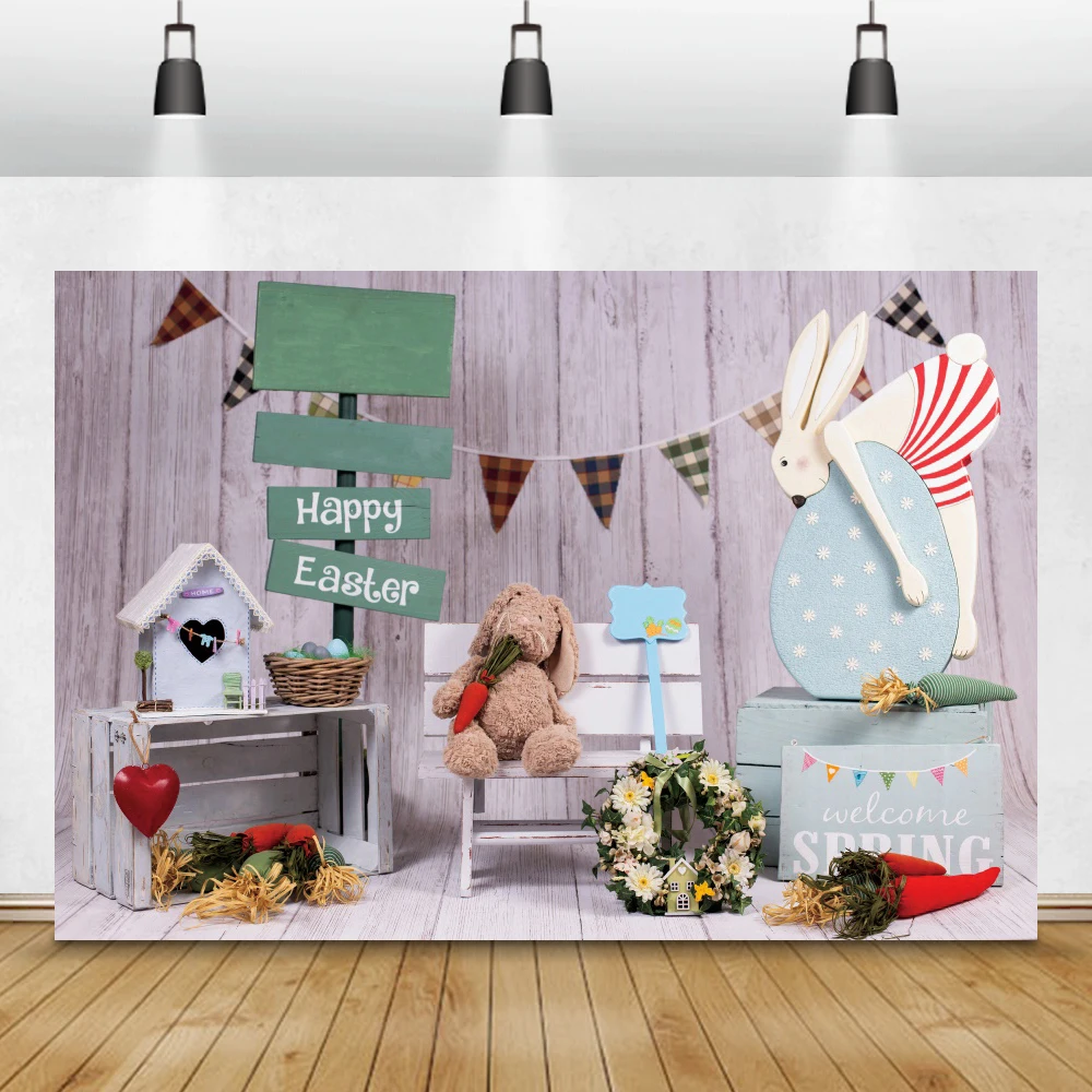 

Laeacco Spring Flowers Photography Backdrop Easter Eggs Flag Rabbit Wreath Baby Shower Easter Party Background For Photo Studio