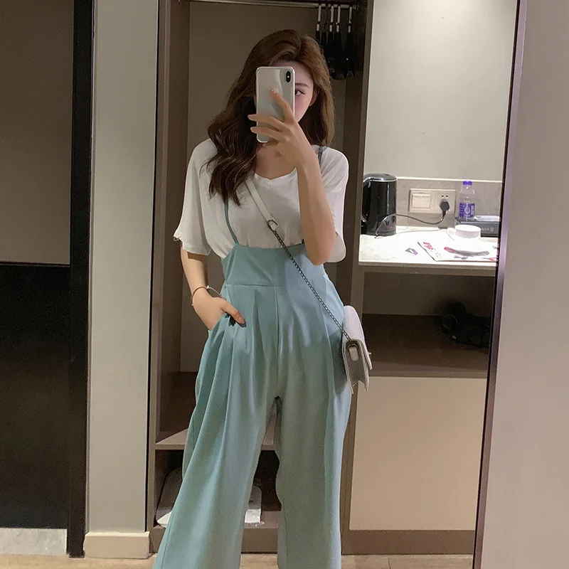 

Customizable Photo Shoot Fashion WOMEN'S Suit 2019 Korean-style New Style Short Sleeve T-shirt + Suspender Strap Casual Pants Tw