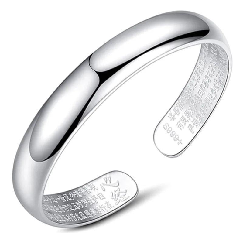 

S999 Sterling Silver Charm Opening Bracelets 2021 Smooth Surface Heart Sutra Amulet Pure Argentum Bangle Jewelry for Women
