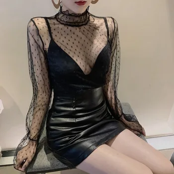 

Lace Transparent T-shirt Women Sexy Solid Print Perspective Hollow Mesh Tops Female Korean Vintage Mesh T-shirt Summer