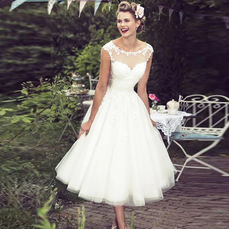 

Tea Length Short Wedding Dresses Cap Sleeve Jewel Neck Lace Back Button A Line Classic Bridal Gowns Custom Made