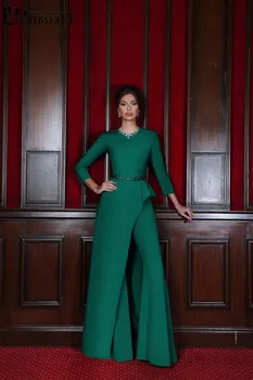 

Elegant Emerald Green Evening Dress 2020 O-Neck Beading Three Quarter Sleeves Asymmetrical Satin vestidos de gala Evening Gown