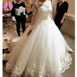 Дешевые Vestido De Noiva Элегантный Совок с длинными рукавами кружева линии Свадебные платья 2020 на заказ бисером свадебное платье свадьба платье