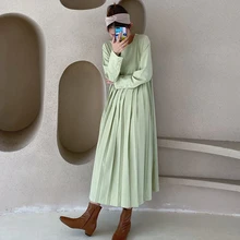 Осень Зима Женское платье Элегантное с длинным рукавом О-образным вырезом Плиссированное свободное корейское винтажное Повседневное платье размера плюс