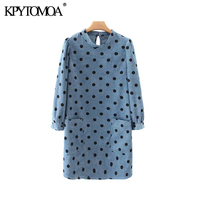  Vintage Elegant Polka Dot Pockets Corduroy Mini Dress Women 2020 Fashion O Neck Long Sleeve Female 