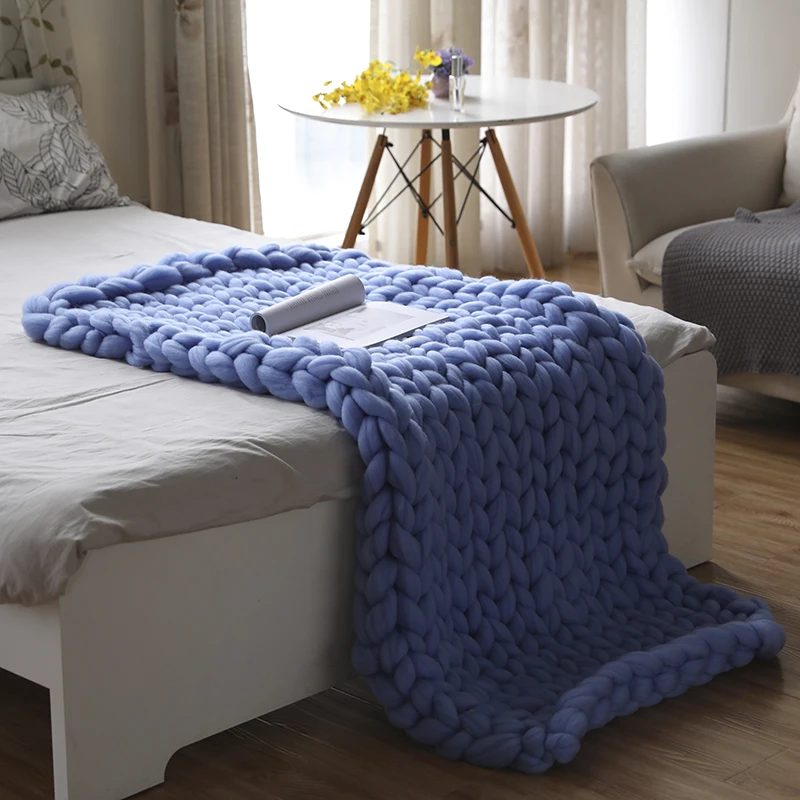 Супер толстые вязаные одеяла, домашние декоративные одеяла для дивана, стула, кровати, вязаные одеяла из мериносовой шерсти - Цвет: Blue