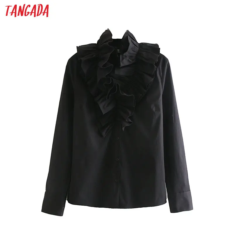 Tangada women ruffle black blouse vintage long sleeve v neck ladies casual shirts stylish tops blusas JE75