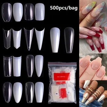 

500pcs/bag Coffin False Nail Tips Clear Ballerina Stiletto Rounded Square Acrylic Fake Nails Extension System UV Gel Manicure