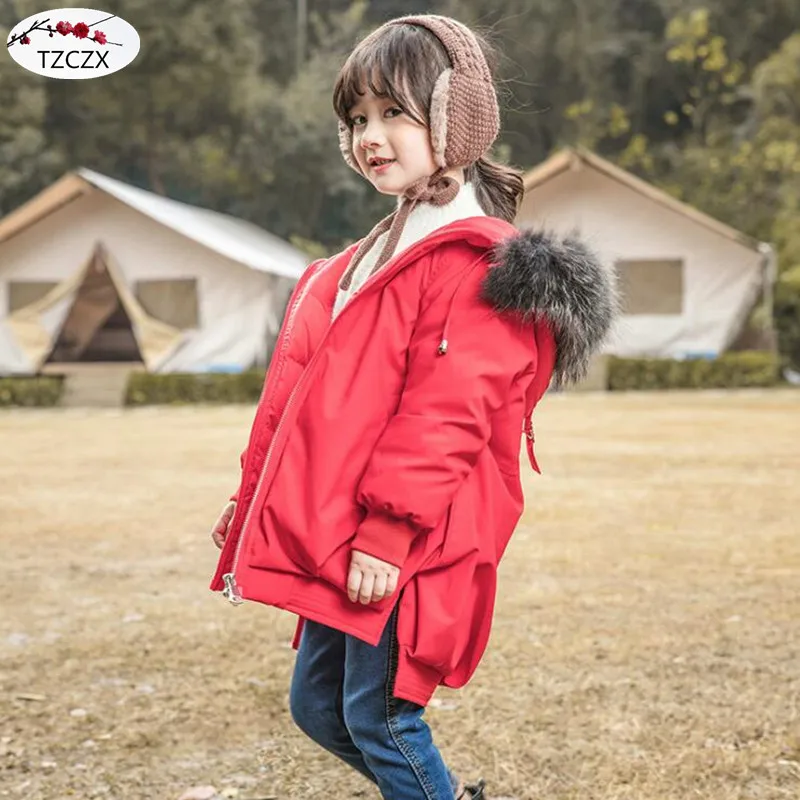 Winter Children Down jackets Hooded Fashion Fur collar solid color girl's down outerwear clothing kids jacket coats - Color: Red