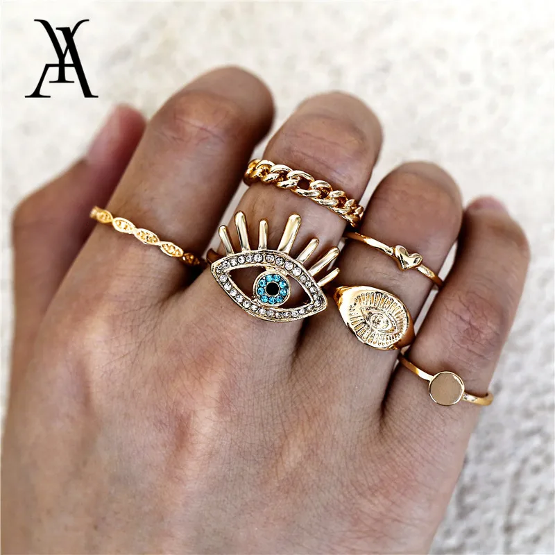 

AY 12 pcs/Set Vintage Crystal Eye Heart Rings Set For Women Bohemian Geometric Kinks Knuckle Rings Fashion Jewelry 2019 New
