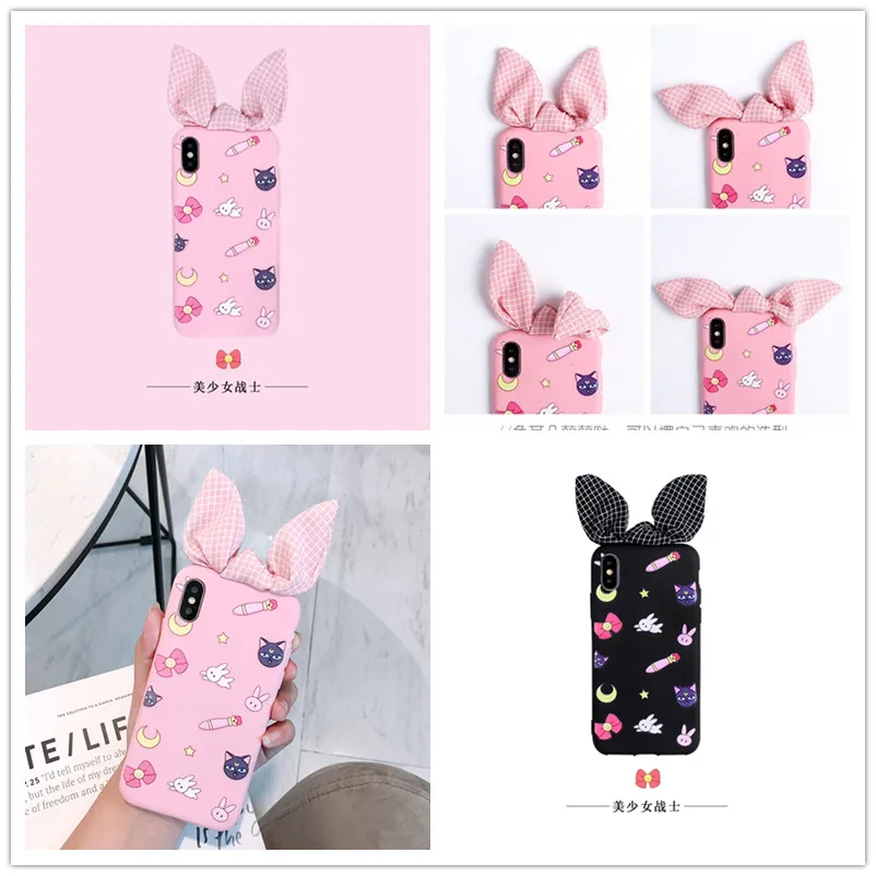 

For iphone 11 pro Max Cute Rabbit ears phone case For iPhone 11 pro 7 8 plus 6 6S Cartoon 3D Sailor Moon Bow back cover