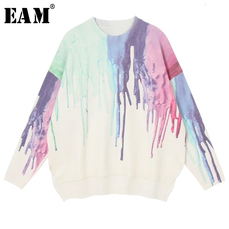 

[EAM] Pattern Big Size Knitting Sweater Loose Fit Round Neck Long Sleeve Women Pullovers New Fashion Autumn Winter 2020 1K771