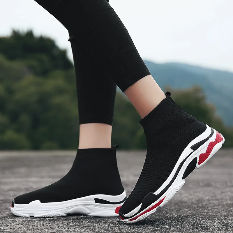 

2019 New Style Running Shoes Dad Fly Woven Knitted wa zi xie Men And Women Elasticity Hight-top Casual Shoes a Generation of Fat