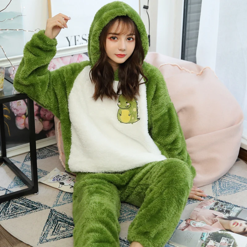 Cute Pajamas Set 2 Pieces Women Sleepwear Warm Winter Thick Coral Fleece Hooded Cartoon Girl Homewear Animal Pajamas
