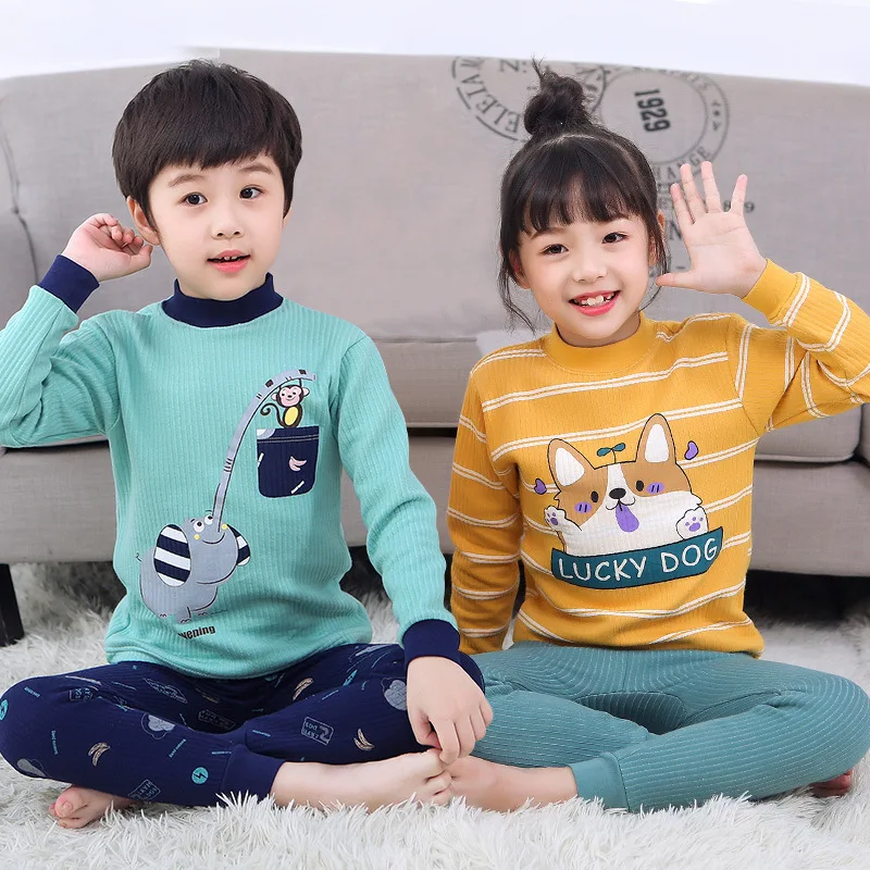 

Round Collar Cotton Children Sleepwear Pyjamas Suit Cotton Homewear Winter Thick Boys Girls Clothing Nightwear Soft Nightgown