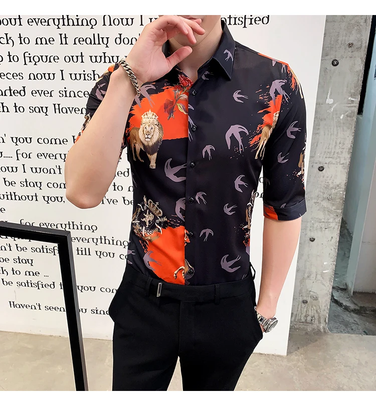 Рубашки с принтом Мужские повседневные приталенные рубашки Camisa Masculina рубашка с рукавом семь частей Красивая уличная одежда Camisas Feminina
