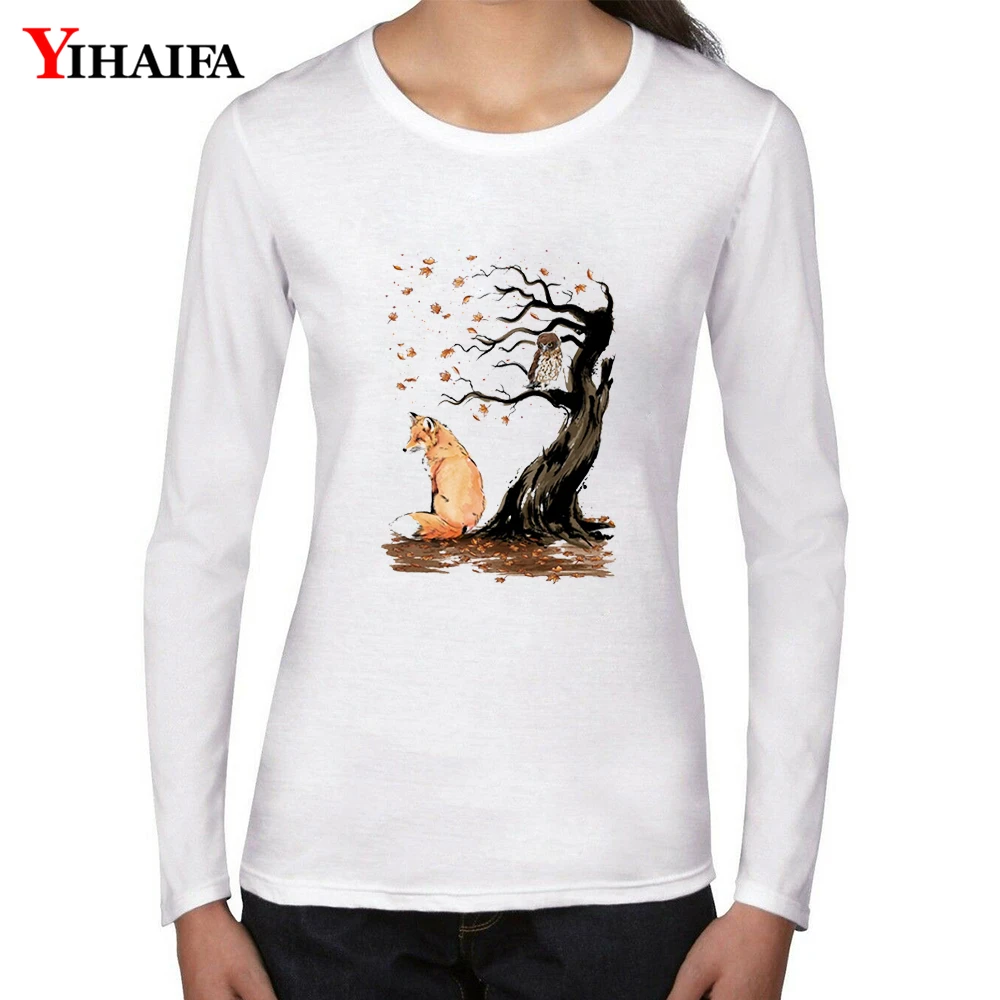 YIHAIFA/новые женские футболки с длинными рукавами принт совы лисы дерева графика