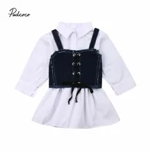 Коллекция года, весенне-осенняя одежда для малышей Модная рубашка для маленьких девочек, платье+ джинсовый жилет с поясом комплект с платьем трапециевидной формы с длинными рукавами