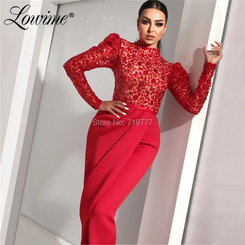 

Formal Arabic Dubai Sequined Red Evening Dresses With Long Sleeves 2019 Robe De Soiree Muslim High Neck Turkish Prom Party Dress