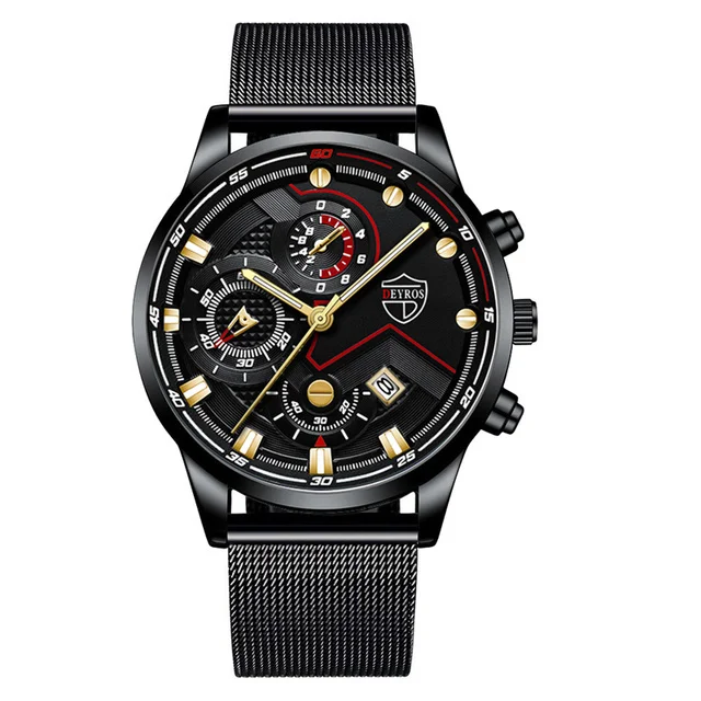 часы мужские Luxury Mens Quartz Stainless Steel Mesh Belt Casual Watches Men Leather Business Date Luminous Watch reloj hombre Mesh Black Gold