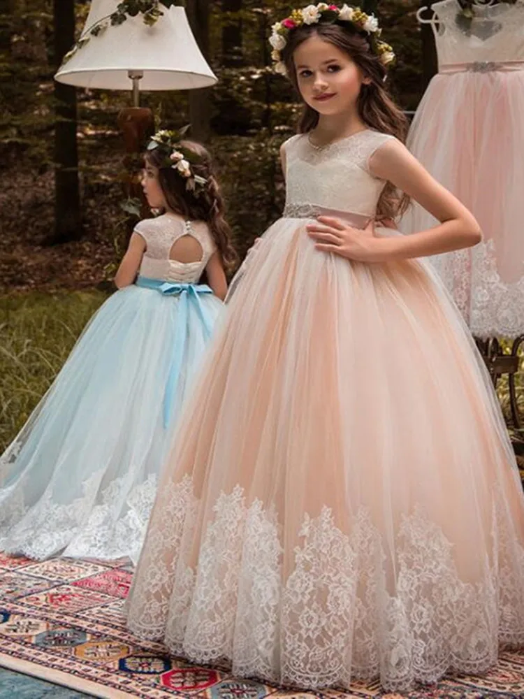 

Classic Tulle Flower Girl Dress Lace Appliques Long Sleeve For Wedding Birthday Ball Gown First Holy Communion Dresses