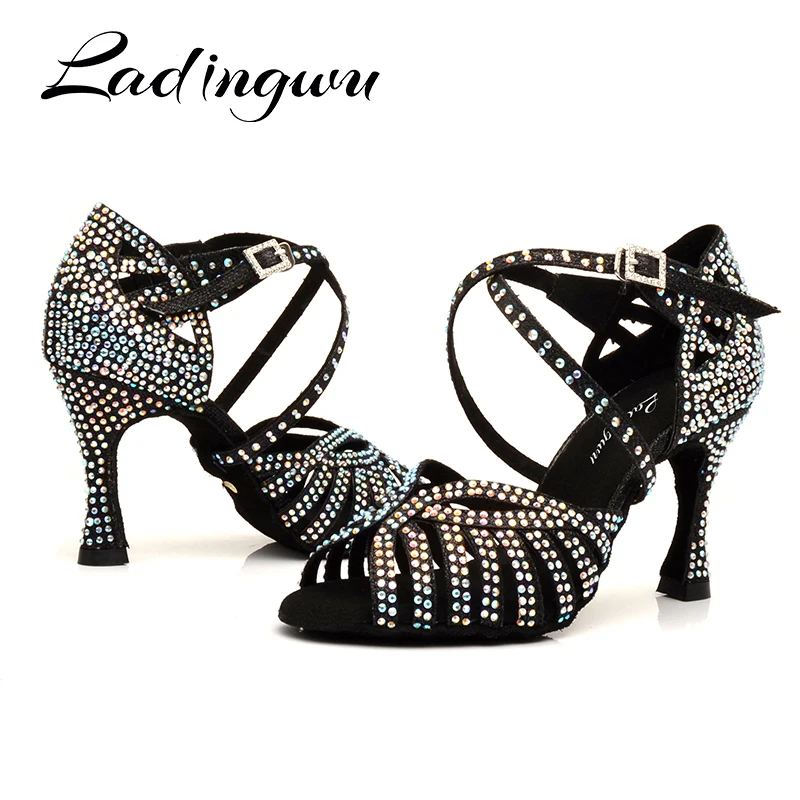 Ladingwu Women Party Dance Shoes Flash cloth Shining rhinestones Soft Bottom Latin Dance Shoes Woman Salsa Dance Shoes heel 6-10