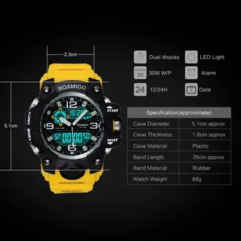 Men Sports Watches BOAMIGO Brand Digital LED Orange Shock Swim Quartz Rubber Wristwatches Waterproof Clock Relogio Masculino