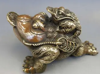 

Chinese Brass Copper Fengshui Yuan BAO Money Wealth golden 2 Toad Statue